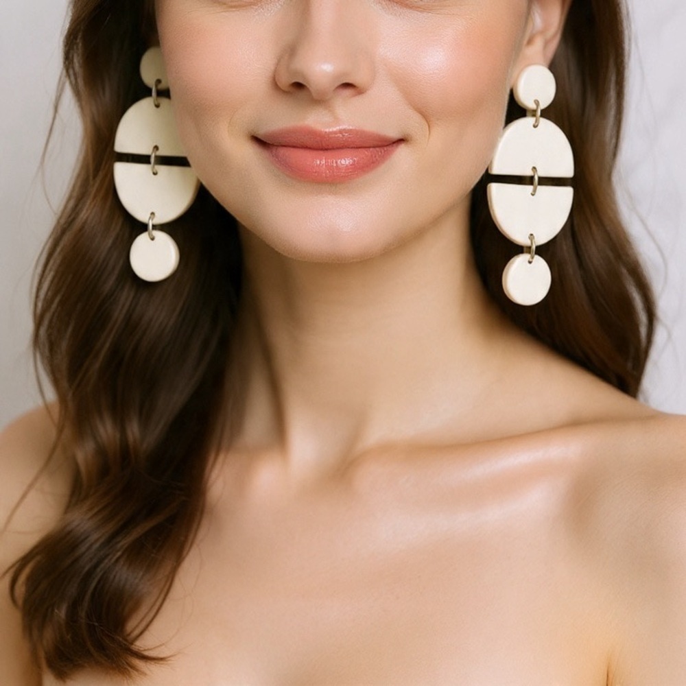White Geometric Drop Four-Tier Stud - Handmade Boho Earrings